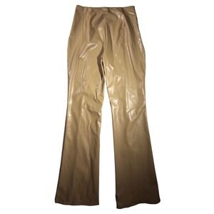 Tan Faux Leather Flare Pants High Waisted Pintuck Front Slit Trousers Size Small